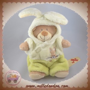 NICOTOY DOUDOU OURS BEIGE DEGUISE EN LAPIN VERT ECRU SOS