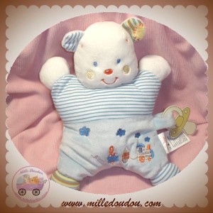 KIABI SOS DOUDOU OURS BLANC QUASI PLAT BLEU TRAIN ATTACHE TETINE