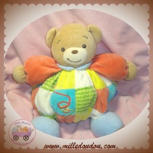 KALOO SOS DOUDOU OURS BEIGE BOULE PATCHWORK JAUNE ROUGE BLEU