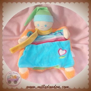 COROLLE SOS DOUDOU POUPEE PLATE BLEU RAYE DOS PLUME ORANGE