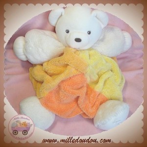 KALOO DOUDOU OURS BLANC PLUME MULTICOLORE ORANGE JAUNE SOS