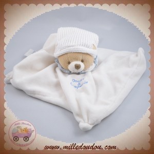 DOUDOU ET COMPAGNIE OURS CORPS PLAT BLANC COL BLEU BONNET