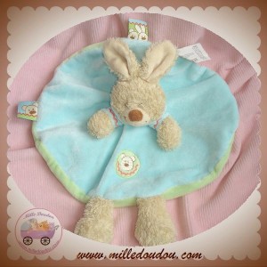 NICOTOY DOUDOU LAPIN BEIGE PLAT OVAL BLEU VERT ETIQUETTES SOS