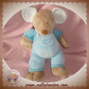 MOTS D'ENFANTS SOS DOUDOU SOURIS BEIGE SALOPETTE BLEU