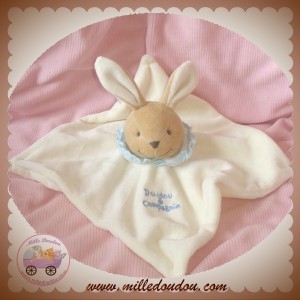 DOUDOU ET COMPAGNIE SOS LAPIN PLAT ECRU BRODERIE COLERETTE BLEU 