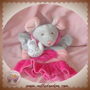 SOS DOUDOU SOURIS MARIONNETTE GRISE ROSE CHAT COEUR