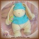 AJENA SOS DOUDOU LAPIN ECRU PULL BLEU TURQUOISE FLEUR