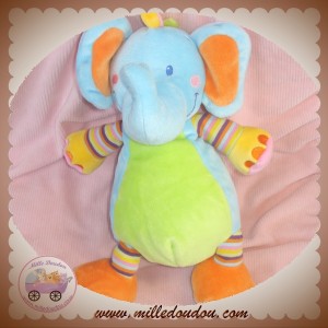 NICOTOY DOUDOU ELEPHANT BLEU VERT MULTICOLORE SOS