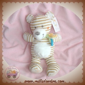 NICOTOY DOUDOU OURS ECRU RAYE BEIGE ECHARPE VERTE SOS