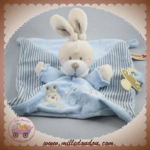 NICOTOY DOUDOU LAPIN ECRU PLAT BLEU ABC ATTACHE TETINE SOS