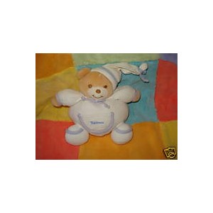 TAKINOU DOUDOU PELUCHE OURS BOULE BLANC LISERET MAUVE