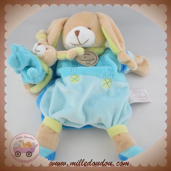 Doudou et compagnie marionnette lapin avec bébé rouge bordeaux beige