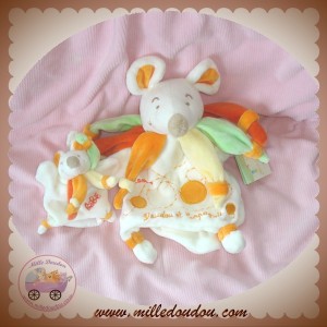 DOUDOU ET COMPAGNIE SOURIS CLARA BLANC MARIONNETTE ORANGE VERT BEBE 