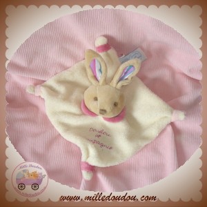 DOUDOU ET COMPAGNIE SOS LAPIN BEIGE CORPS PLAT PLUME ECRU COL ROSE