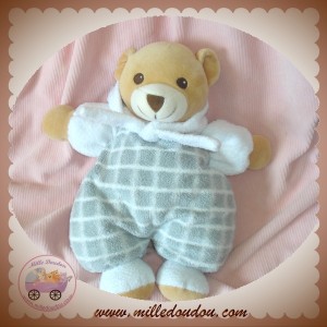 NOUNOURS DOUDOU OURS BEIGE CORPS CARREAUX GRIS SOS