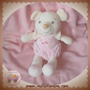 NOUNOURS DOUDOU SOURIS ECRU HABIT ROSE FLEUR SOS