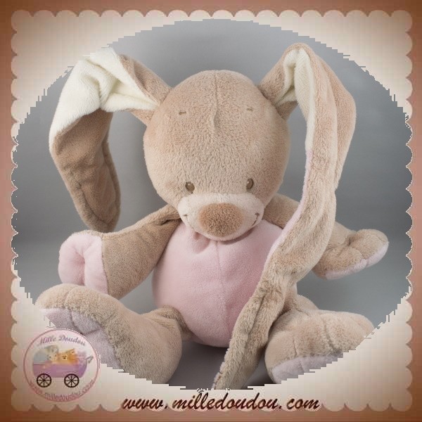 Doudou plat lapin NATTOU Les Rigolos marionnette rose blanc - SOS d