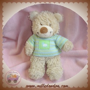 TEX DOUDOU OURS BEIGE PULL RAYE VERT MOUTON 15 cm SOS 