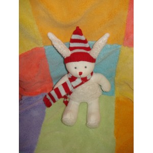 BABY GAP DOUDOU LAPIN BLANC ECHARPE ET BONNET ROUGE RAYE