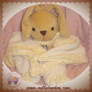 NOUNOURS DOUDOU LAPIN BEIGE PLAT CARREAUX JAUNE ECRU SOS