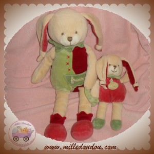 DOUDOU ET COMPAGNIE LAPIN BEIGE VERT ROUGE FRAISE AVEC BEBE SOS