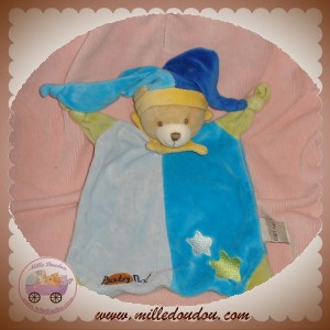 BABYNAT BABY NAT DOUDOU OURS PLAT CIRCUS BLEU VERT ETOILES SOS