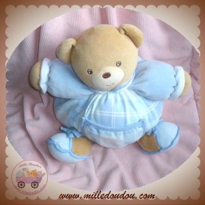 KALOO DOUDOU OURS BEIGE BOULE TISSU CARREAUX BLEU SOS