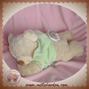 NICOTOY DOUDOU OURS BOUCLETTE BEIGE SWEAT VERT MUSICAL SOS
