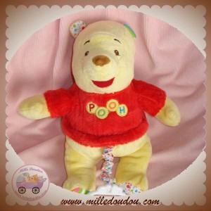 DISNEY DOUDOU OURS WINNIE L'OURSON JAUNE PULL ROUGE MUSICAL SOS