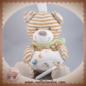 NICOTOY DOUDOU OURS ECRU RAYE BEIGE MUSICAL ECHARPE VERTE SOS