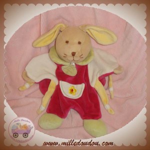 DOUDOU ET COMPAGNIE LAPIN BEIGE PLAT ROUGE FLEUR VELOURS SOS