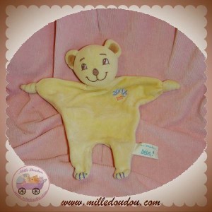 BEBE 9 DOUDOU OURS PLAT JAUNE ECRU NOEUD FLEUR SOS