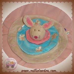 MANHATTAN TOY DOUDOU LAPIN PLAT ROND BLEU ROSE TAUPE SOS