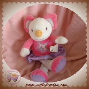 KIMBALOO DOUDOU SOURIS BLANC ROBE ROSE VIOLET ETOILE SOS