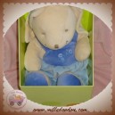 NOUNOURS DOUDOU LAPIN CLAIR SALOPETTE BLEU FLEURS 33 cm SOS