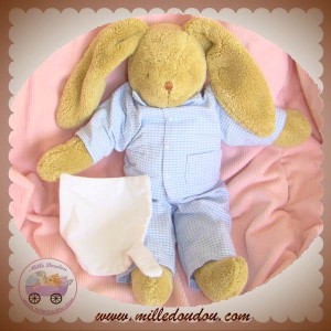 TROUSSELIER DOUDOU LAPIN BEIGE PYJAMA VICHY BLEU MOUCHOIR SOS