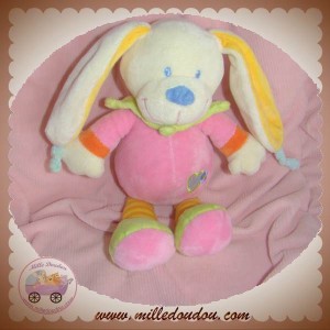 NICOTOY DOUDOU LAPIN ECRU ROSE COEUR RAYE ORANGE 26 CM SOS