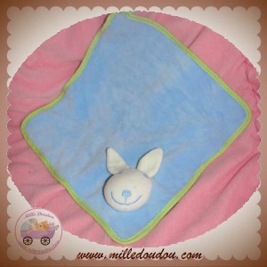 VERTBAUDET DOUDOU LAPIN PLAT BLEU LISERET VERT SOS