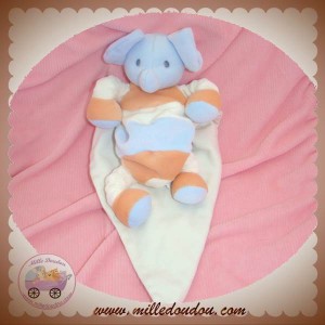 SUCRE D'ORGE DOUDOU ELEPHANT BLEU RAYE ECRU ORANGE MOUCHOIR SOS