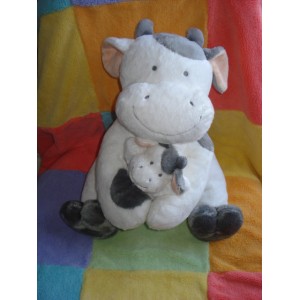 NICOTOY DOUDOU VACHE BLANCHE ET GRISE AVEC BEBE