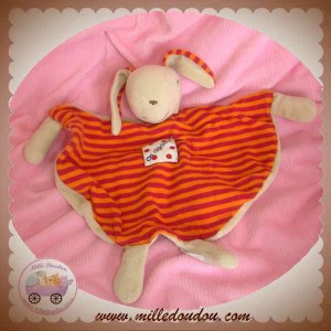 BLANCHET DOUDOU LAPIN BEIGE PLAT RAYE ROUGE ORANGE SOS