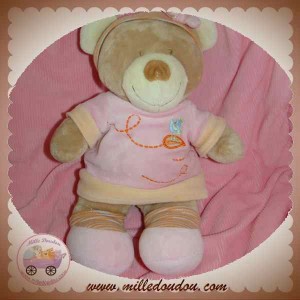 POMMETTE DOUDOU OURS BEIGE ROBE ROSE OISEAU SOS