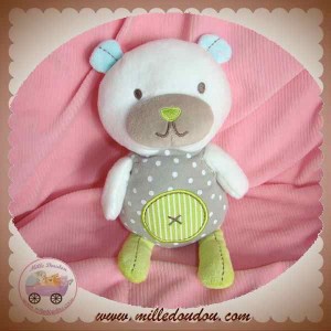 POMMETTE DOUDOU OURS BLANC CORPS GRIS ROND VERT SOS