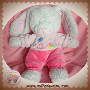 TEX DOUDOU LAPIN BOUCLETTE BLANC CORPS ROSE OISEAU SOS