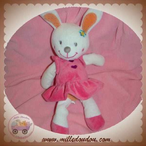 NICOTOY DOUDOU LAPIN BLANC ROBE ROSE COEUR SOS