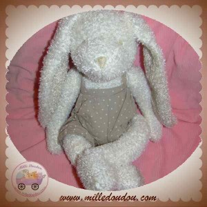 CYRILLUS DOUDOU LAPIN BLANC SALOPETTE TAUPE GRIS ETOILES SOS