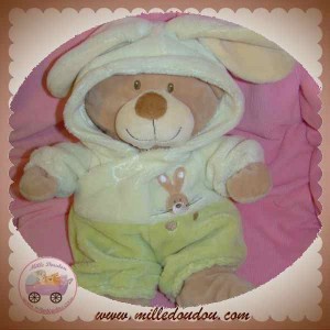 NICOTOY DOUDOU OURS BEIGE DEGUISE EN LAPIN VERT ECRU 33 cm SOS