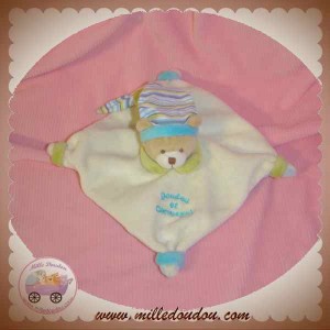 DOUDOU ET COMPAGNIE SOS OURS BEIGE PLAT BLANC BLEU COL VERT