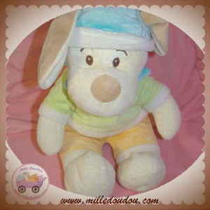 GIFI SOS DOUDOU CHIEN BLANC ECRU HAUT VERT ORANGE FLEUR