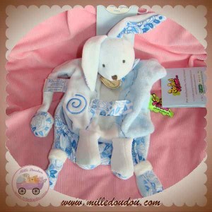 DOUDOU ET COMPAGNIE SOS LAPIN MARIONNETTE BLANC BLEU FLEUR TATOO 